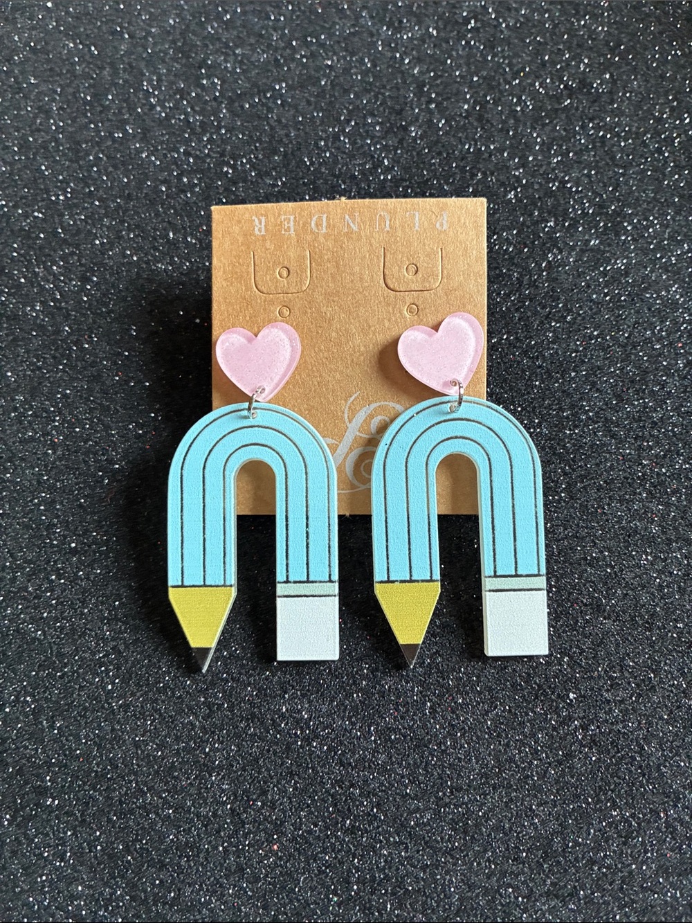 Pink Heart & Blue Pencil Rainbow Earrings